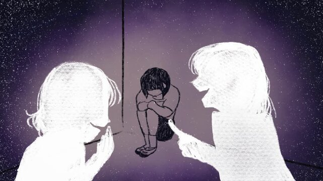 女子生徒同士の陰口、いじめで心に傷を負う学生のアニメ風動画