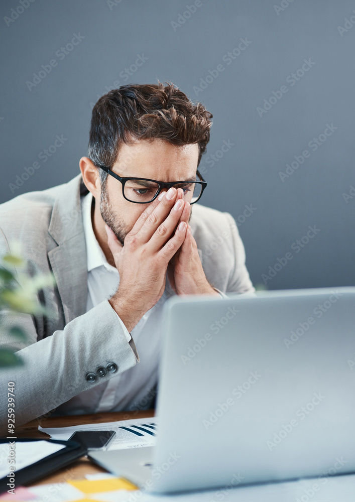 Poster man, laptop and reading in office with stress, mistake or thinking with problem solving at insurance