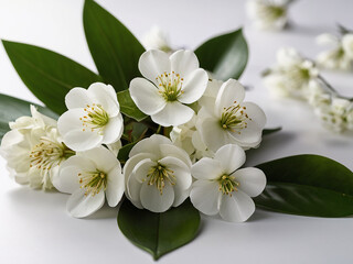 Fototapeta premium A beautiful photo of a white flower with vibrant green leaves set against a clean white background.