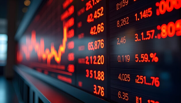 Red LED Stock Ticker Display with Fluctuating Market Data, Recession, trade and downfall concept falling crisis