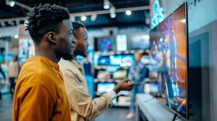 Two friends admire vibrant visuals on a large screen, immersed in the latest technology at a bustling electronics store