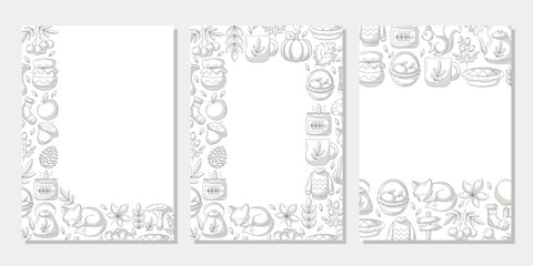 Set of vector autumn vertical a4 poster, space for text. Minimalist monochrome gray upper, bottom, corner frame with fall seasonal cozy elements. For card, banner, invitation, festival or planner