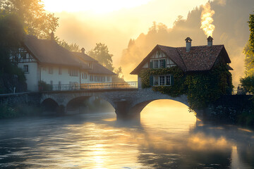 Fototapeta premium Morgenzauber an der alten Brücke: Ein friedliches Schweizer Dorf