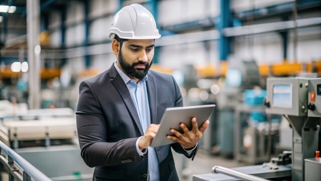 An Indian production planner using a tablet to manage and organize manufacturing schedules.
