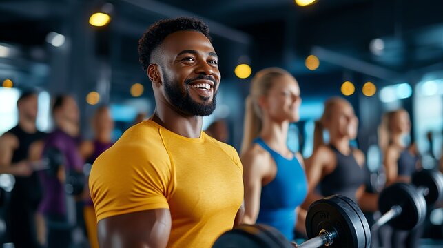Smiling man lifting weights at the gym with other people in the background.