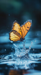 Obraz premium butterfly on water, High-speed shot, clear water butterfly skims water, creating splashes