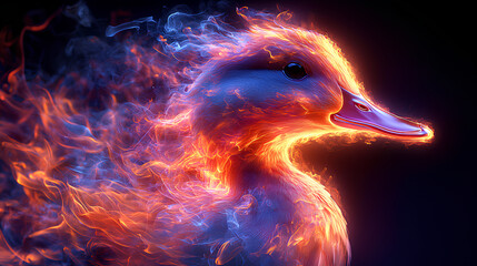 duck, the head of a duck in a multi-colored flame. Abstract multicolored profile portrait of a duck head on a black background
