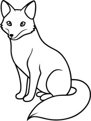 A jungle Fox outline illustration, sitting with its bushy tail wrapped around, drawn with sleek and sharp lines on a white background.