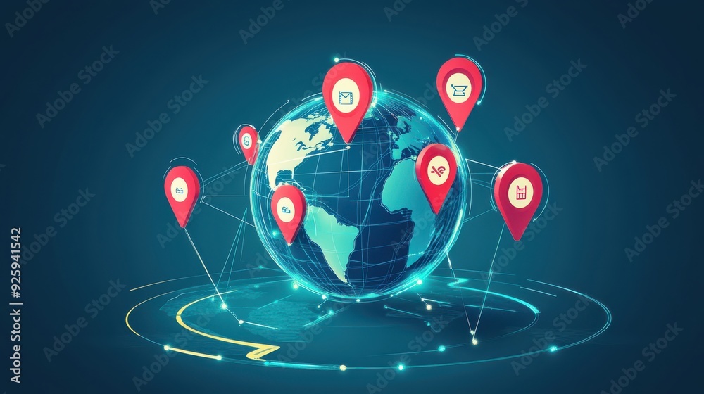 Poster Digital globe with red location markers representing various online services, illustrating global connectivity and internet-based communication.
