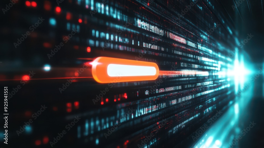 Poster Abstract digital data stream with glowing red and white light, symbolizing fast data transfer, technology, and advanced computing.
