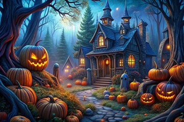Halloween background with pumpkins and haunted house