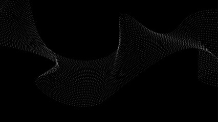 Flowing dots particles wave pattern 3D curve halftone gradient curve shape isolated on black background. Vector in the concept of technology, science, music, modern, cover, poster, flyer, card, web.