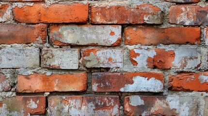 A close-up of an ancient brick wall with discolored bricks and mortar, showing the effects of time and decay