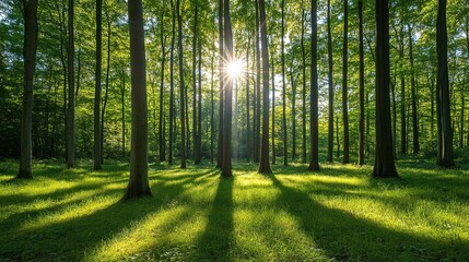 Obraz premium Sun Dappled Forest: A serene and tranquil scene, sunlight filters through the verdant canopy of a lush forest, casting long shadows on the vibrant green grass. The sun's rays illuminate the scene.