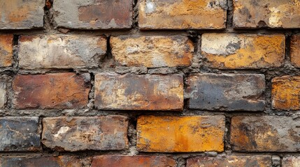Fototapeta premium A close-up of an ancient brick wall with rough, uneven surfaces and discolored bricks, showing the passage of time
