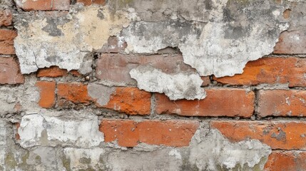 A close-up of an old, weathered brick wall with a variety of textures, from smooth to rough and crumbling