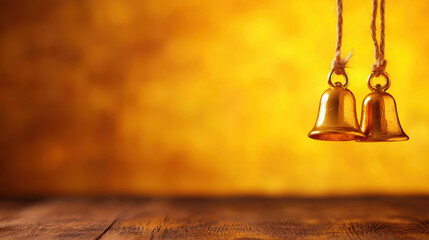 Obraz premium Golden bells hanging on ropes against a warm, blurred, golden background with a rustic wooden surface in the foreground.