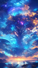 Cosmic Tree of Life: Mesmerizing 3D Fusion of Abstract Gigantic Tree and Psychedelic Colorful Galaxy. Ethereal Purple Illumination Symbolizing Cultural Beliefs, Creativity, and Universal Connection. P