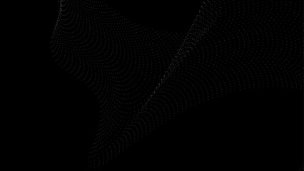 Flowing dots particles wave pattern 3D curve halftone gradient curve shape isolated on black background. Vector in the concept of technology, science, music, modern, cover, poster, flyer, card, web.