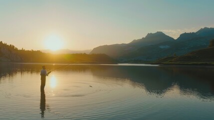 Fototapeta premium a fisherman holds a fishing rod and fishing line on the lake.