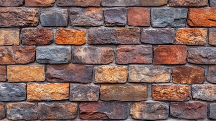 Obraz premium A rustic brick wall with a mix of red, brown, and orange bricks, showing the effects of time and weathering