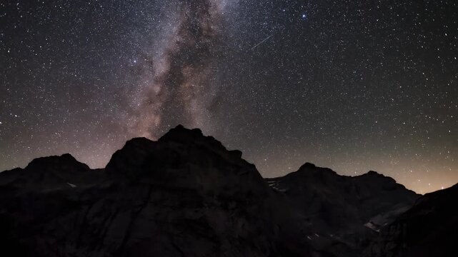 Night shot. The Milky Way passes over a mountain landscape under a clear sky with many stars. You can see meteorites passing by. Taken in Switzerland at Limmerensee. Time lapse.