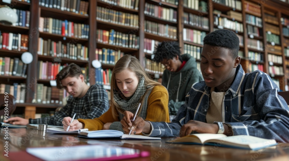 Poster a group of diverse students concentrate intently on their studies, surrounded by towering shelves of