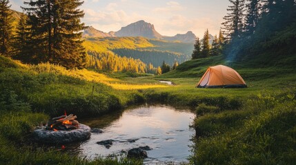 A serene camping spot in a meadow with a small stream, with a tent, campfire, and forested hills in the distance