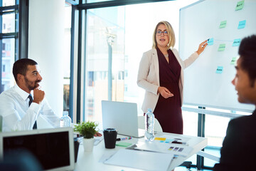 Business psychology, speaker or woman teaching in presentation for profit growth, discussion or meeting. Psychologist, imagine or speaking of coaching ideas for talking or revenue advice to people