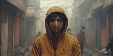 Abstract Delhi Air Pollution Crisis: Masked Citizens Fight for Clean Air. Creative Visualization of Environmental Awareness, Health Protection, and Pollution Prevention. Ideal for World Environment Da