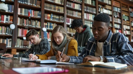 A group of diverse students concentrate intently on their studies, surrounded by towering shelves of books in a warm, inviting library setting