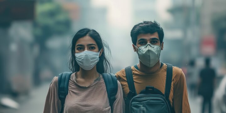 Abstract Delhi Air Pollution Crisis: Masked Citizens Fight for Clean Air. Creative Visualization of Environmental Awareness, Health Protection, and Pollution Prevention. Ideal for World Environment Da