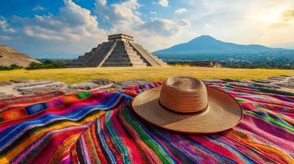 A vibrant traditional blanket lies on the grass, with a straw hat resting atop it. In the background, an ancient pyramid and a majestic mountain create a stunning view. 