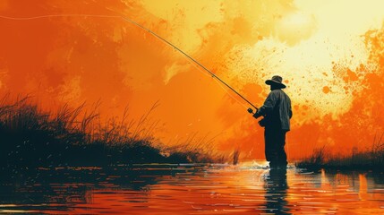 a fisherman holds a fishing rod and fishing line on the lake.
