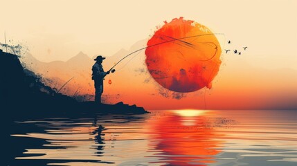 a fisherman holds a fishing rod and fishing line on the lake.