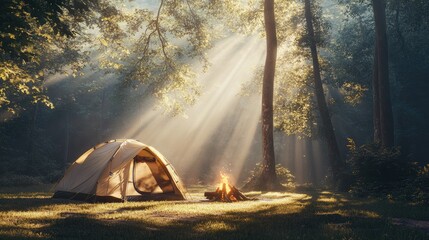 A tranquil camping scene in a secluded forest glade, with a tent, campfire, and soft rays of sunlight breaking through the trees