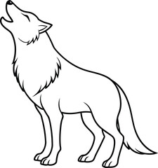 An outline illustration of a wolf, howling with its head tilted upward, drawn in a simple and bold style on a white background.