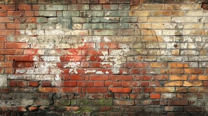 A weathered brick wall with faded graffiti, showing the layers of urban life that have passed over the years