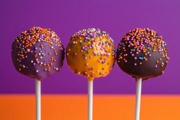 Halloween-themed cake pops with colorful sprinkles on top. Close-up of orange, purple, and white chocolate-covered, sphere-shaped candy lollipops against a purple background 