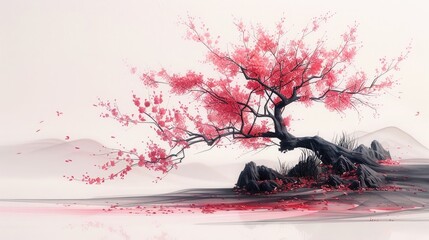 Sumi-e ink painting capturing the serene beauty of a traditional Japanese