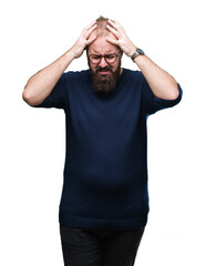 Young caucasian hipster man wearing sunglasses over isolated background suffering from headache desperate and stressed because pain and migraine. Hands on head.