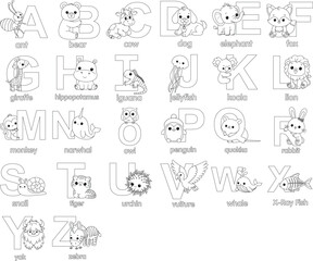 English alphabet with cute animals coloring page for kids © Saly