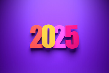 Calendar header number 2025 on  purple  background. Happy new year 2025 colorful background.