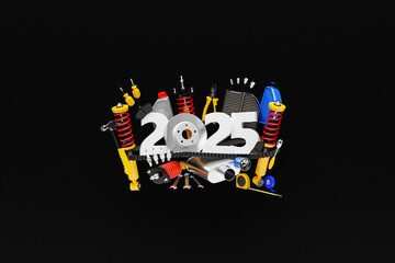 3d illustration of inscription 2025  and auto parts car   on black   isolated background. Car Repair Parts The concept of the new year and Christmas in the automotive field.