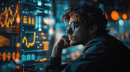 Intense Analyst Monitoring Stock Market Data on Multiple Screens in Dark Room