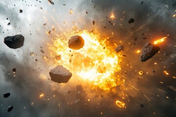 Asteroid impact  explosive collisions captured in stunning photography on white background