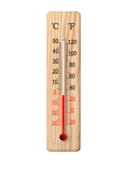 Wooden celsius and fahrenheit scale thermometer isolated on transparent background. Ambient...