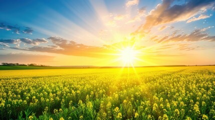 Obraz premium Breathtaking sunrise over a lush field of blooming flowers, illuminating the landscape with warm, golden light and a clear blue sky.