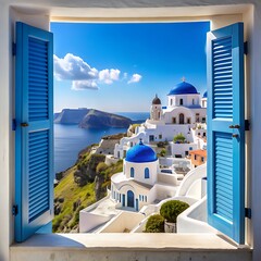 Hillside view through an open window with blue shutters of the caldera sea and white village of Oia on the island of Santorini Greece © Ahmad
