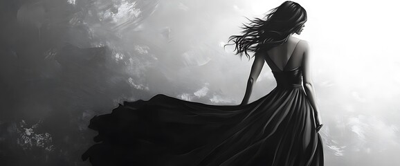 A woman in a black gown, standing in front of a painted background, her hair flowing in the wind.